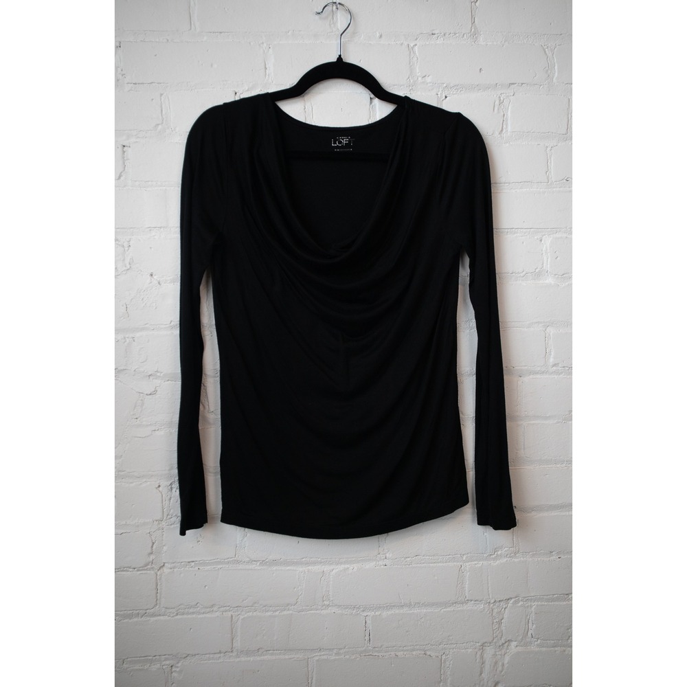 Ann Taylor LOFT Black Cowl Neck Long Sleeve Top Draped Jersey Knit Blouse